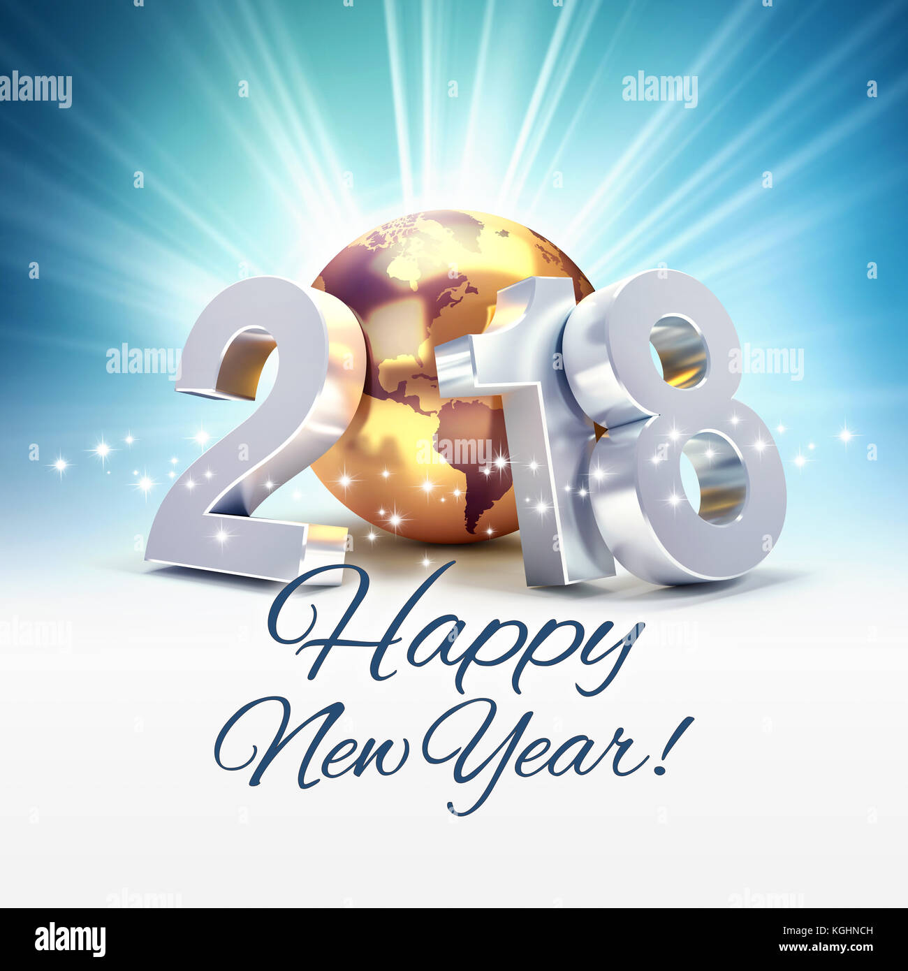 Saluti e 2018 anno nuovo tipo composta con un Golden Planet Earth, su un lucido sfondo blu - 3d illustrazione Foto Stock