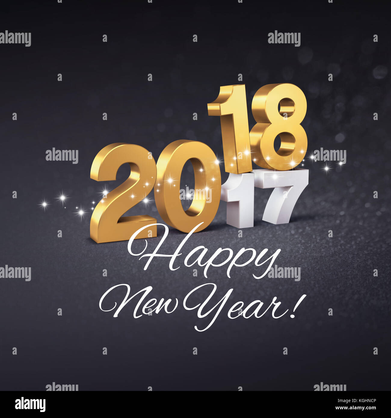 Oro 2018 Anno nuovo tipo sopra 2017 e saluti, su una festosa sfondo nero - 3d illustrazione Foto Stock
