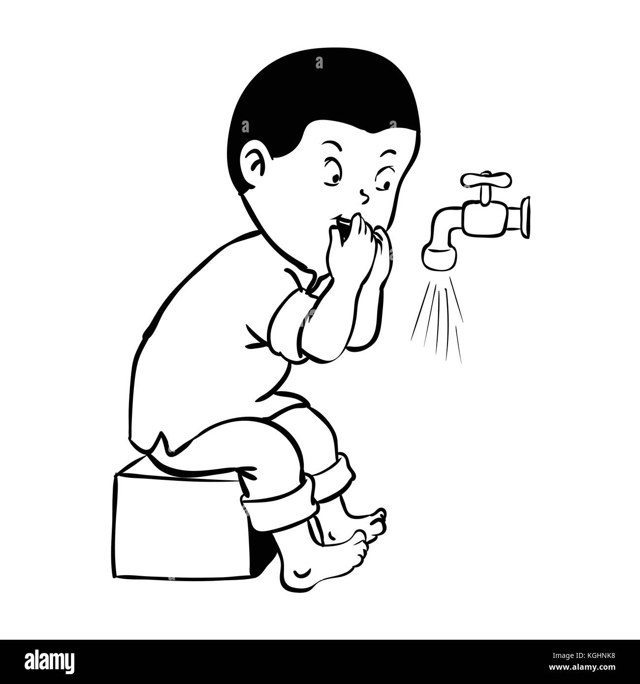 Ragazzo bocca di pulizia per wudhu, pulizia corpo prima preghiera in Islam. cartoon isolati su sfondo bianco in bianco e nero semplice vettore di linea illustrat Illustrazione Vettoriale