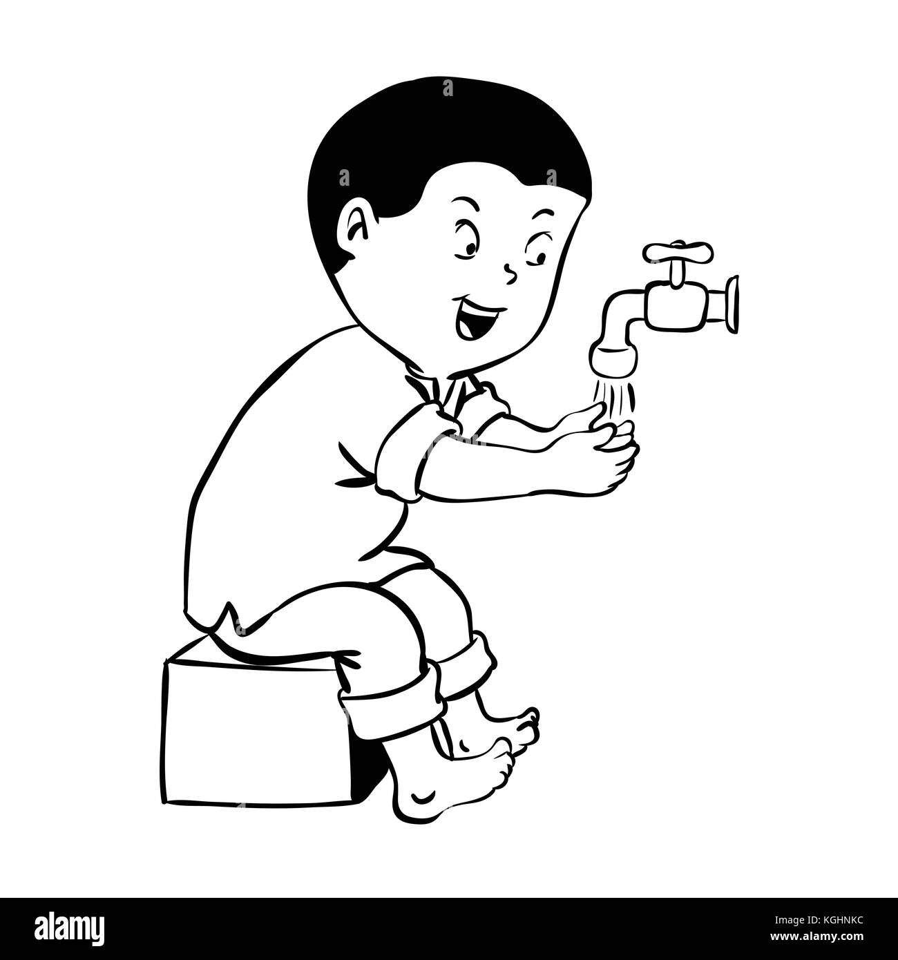 Ragazzo di lavaggio per mano wudhu, pulizia corpo prima preghiera in Islam. cartoon isolati su sfondo bianco in bianco e nero semplice vettore di linea illustratio Illustrazione Vettoriale