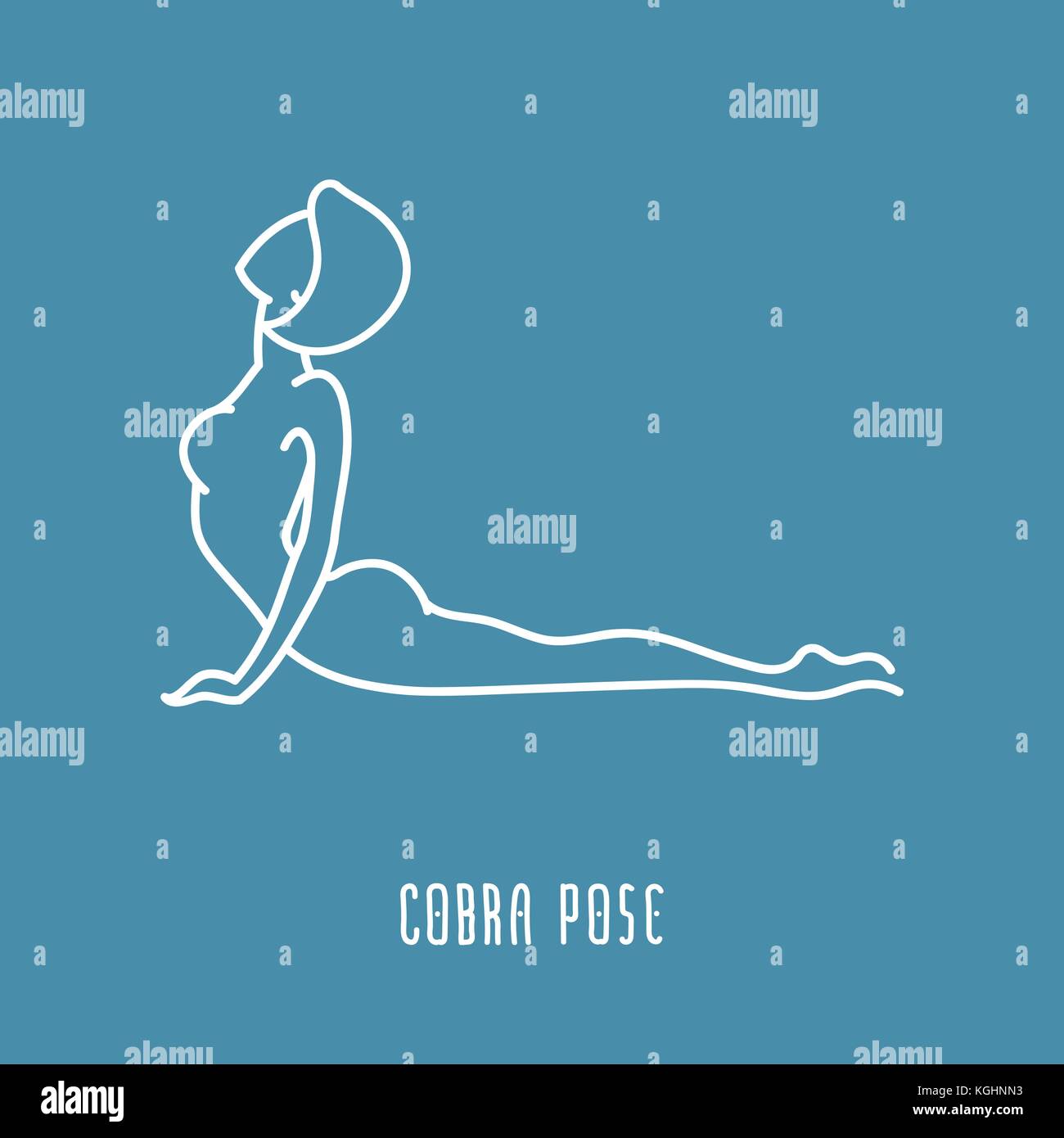 Lo yoga pone in linea piana, icona semplice segno della donna in posa cobra, Bianchi logo outline isolati su blu - vettore asana per il chakra anahata, gli elementi di design f Illustrazione Vettoriale