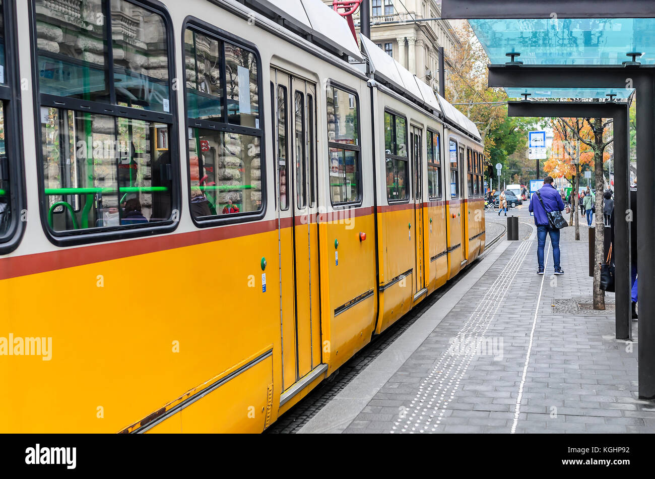 Tram per le strade di Budapest, Ungheria. Foto Stock