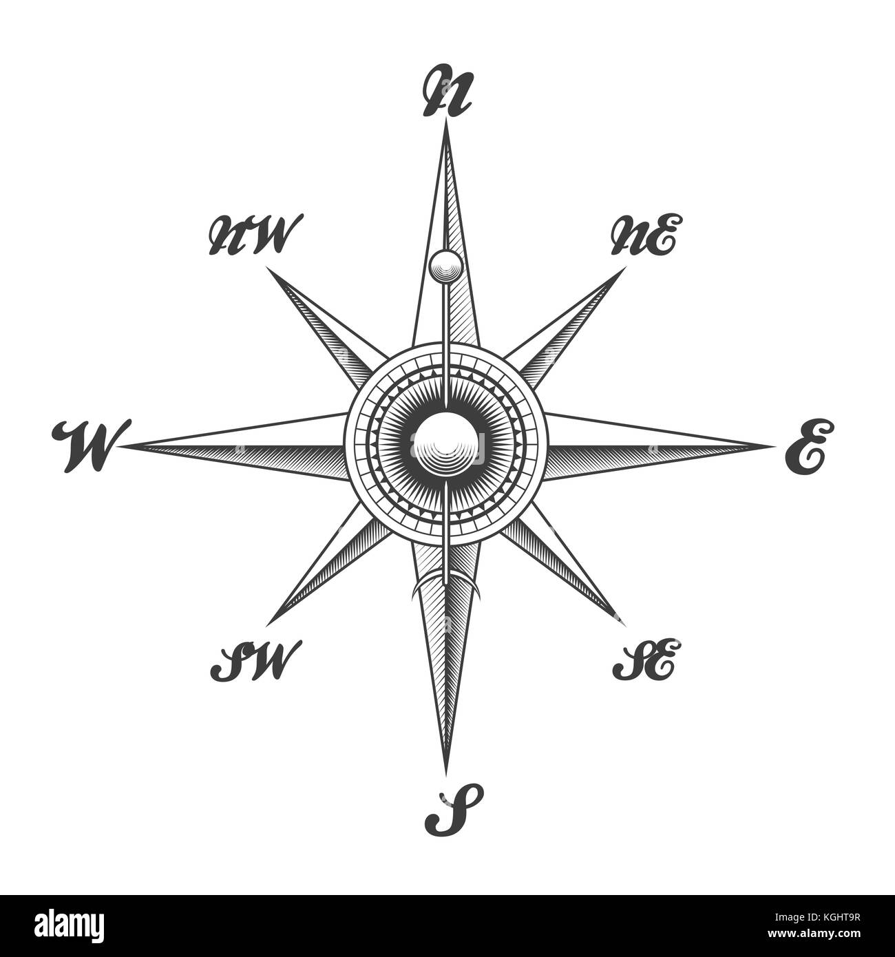 Rosa dei venti bussola di navigazione disegnati in stile di incisione isolati su sfondo bianco. illustrazione vettoriale. Illustrazione Vettoriale