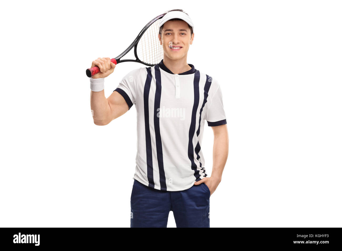 Giovane giocatore di tennis con una racchetta isolati su sfondo bianco Foto Stock