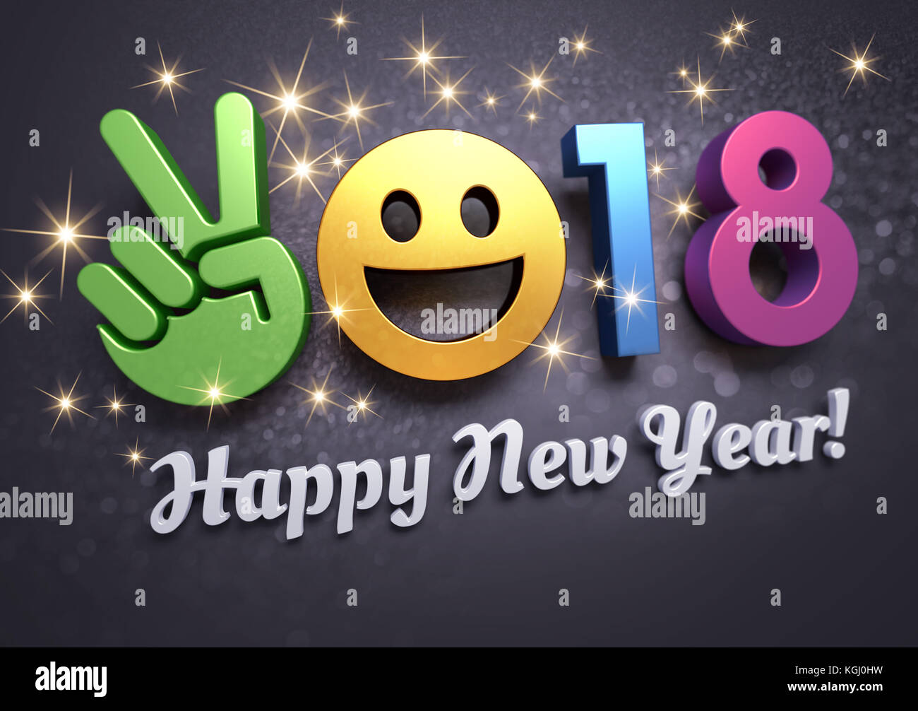 Saluti e multicolori 2018 Anno nuovo data composta con una faccia sorridente simbolo, su una festosa sfondo nero - 3d illustrazione Foto Stock