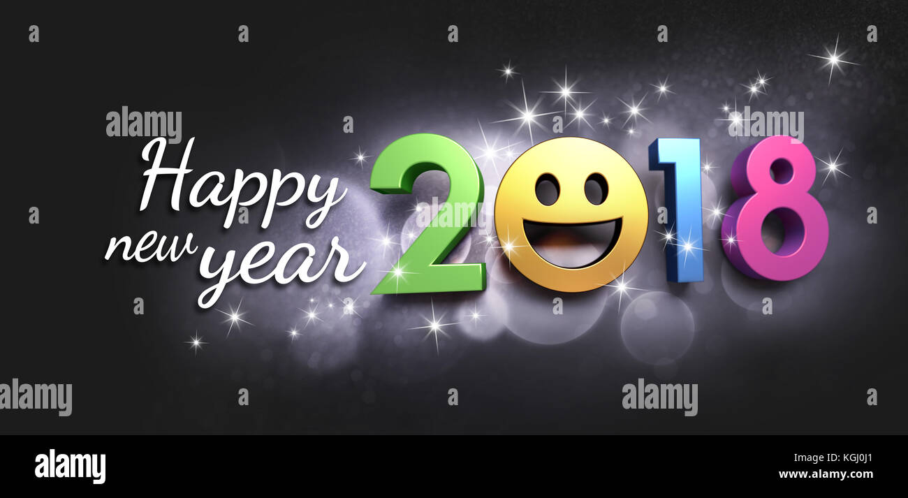 Saluti e multicolori 2018 Anno nuovo data composta con una faccia sorridente simbolo, su una festosa sfondo nero - 3d illustrazione Foto Stock