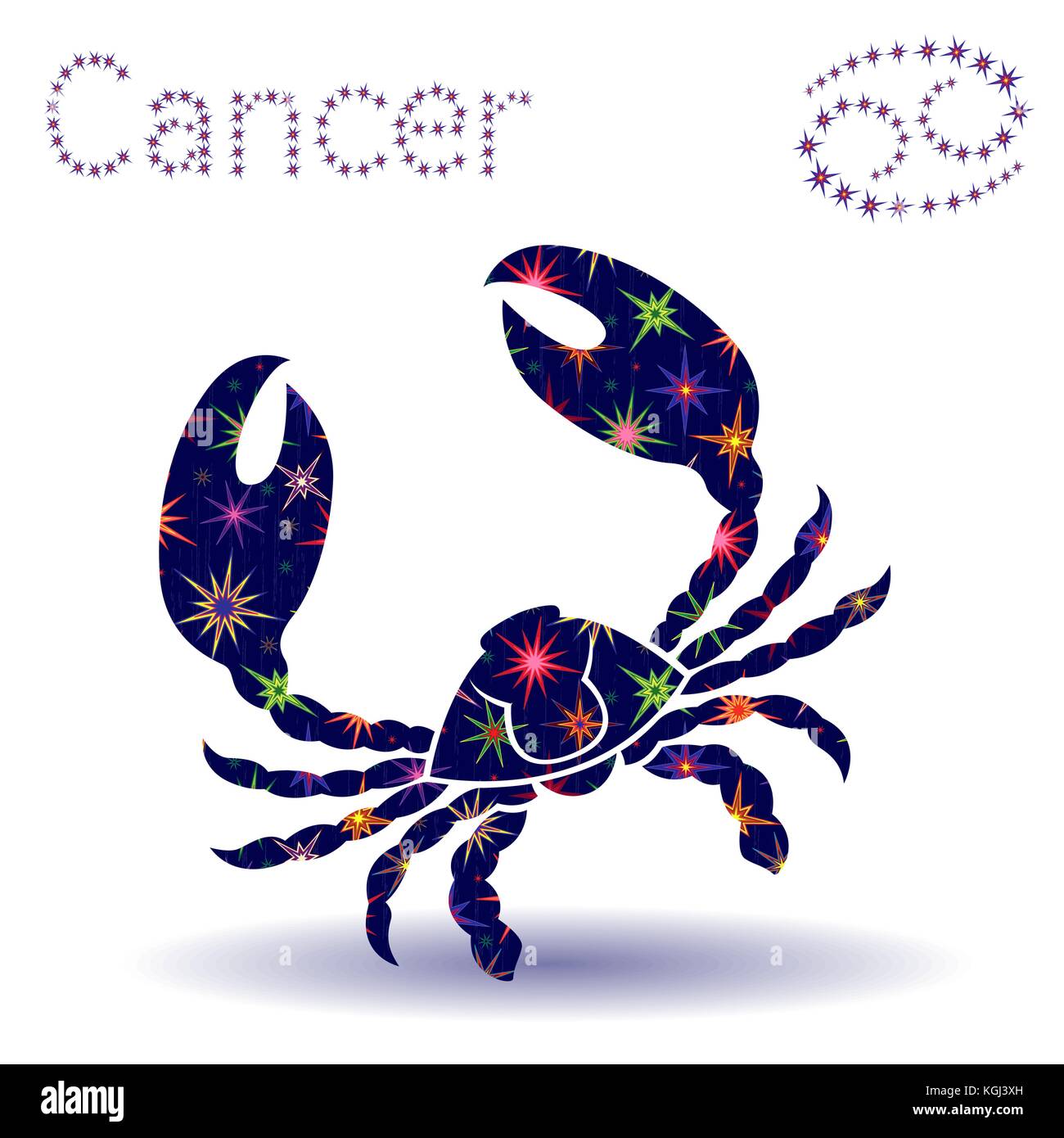 Segno zodiacale cancro, disegnato a mano stencil vettore con stelle stilizzate isolati su sfondo bianco Illustrazione Vettoriale