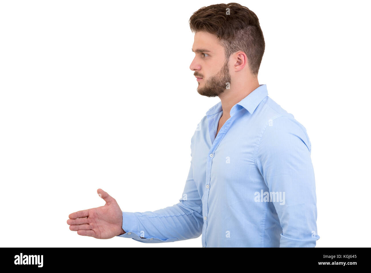 Business e Office concetto - bello buisnessman con mano aperta pronta per stretta di mano Foto Stock