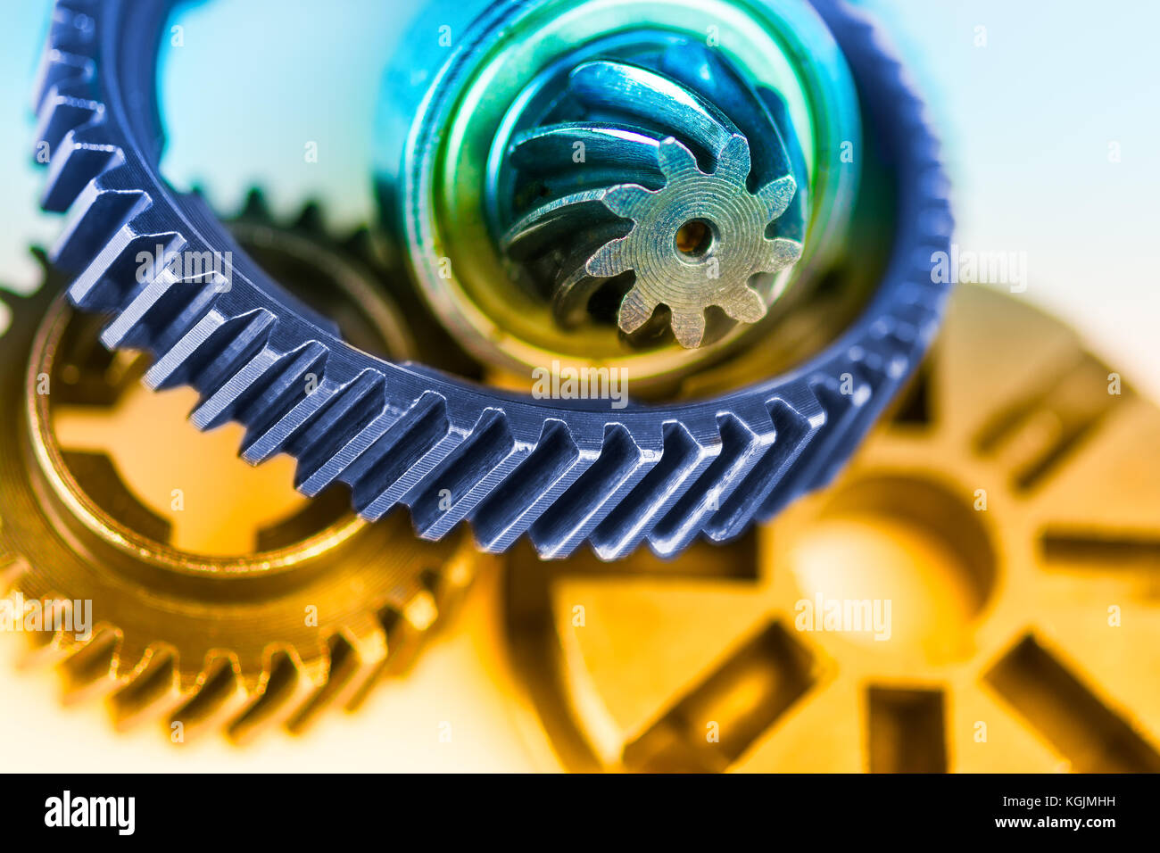 Dettaglio del colore delle varie ruote dentate abstract background industriale con tema di ingegneria da ruote dentate. Foto Stock