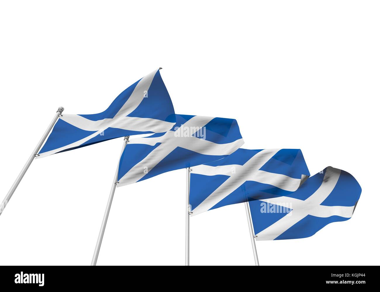 Scozia bandiere in una fila con uno sfondo bianco. Il rendering 3D Foto Stock