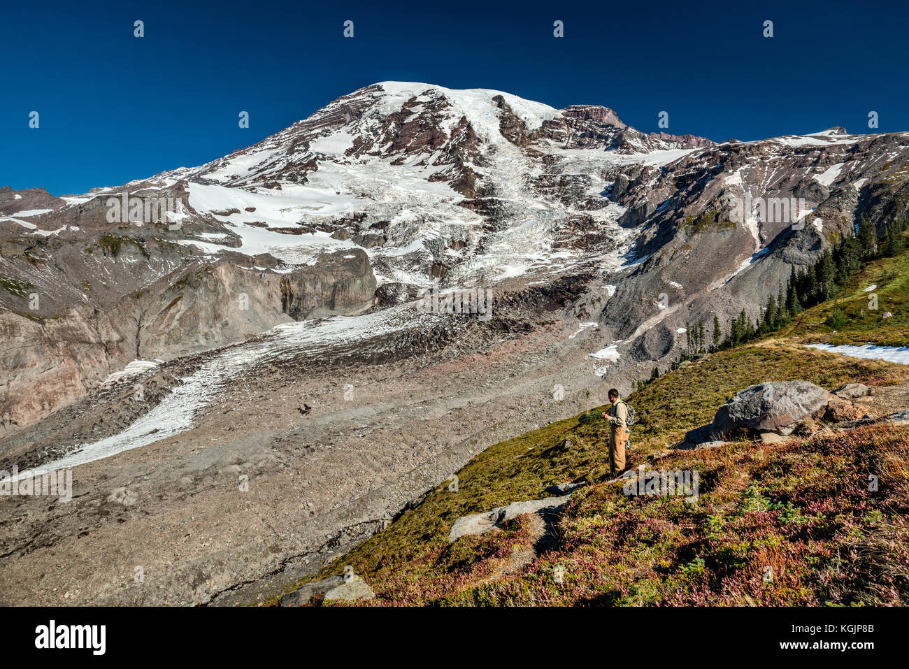 Mount Rainier oltre Nisqually Glacier, coperto con rocce, escursionista presso il Glacier vista sullo skyline, Trail, Settembre, Mt Rainier Parco Nat, Washington, Stati Uniti d'America Foto Stock