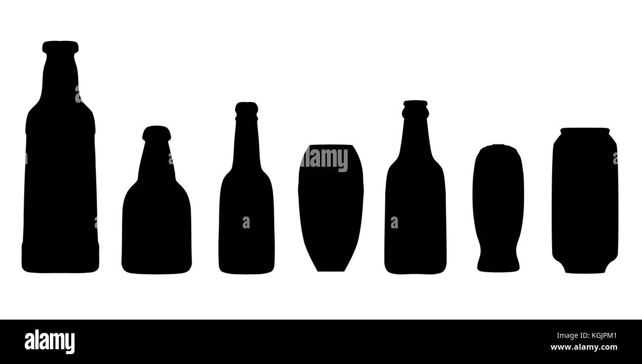 Set di bicchieri da birra, lattine e bottiglie. silhouette illustrazione vettoriale Illustrazione Vettoriale