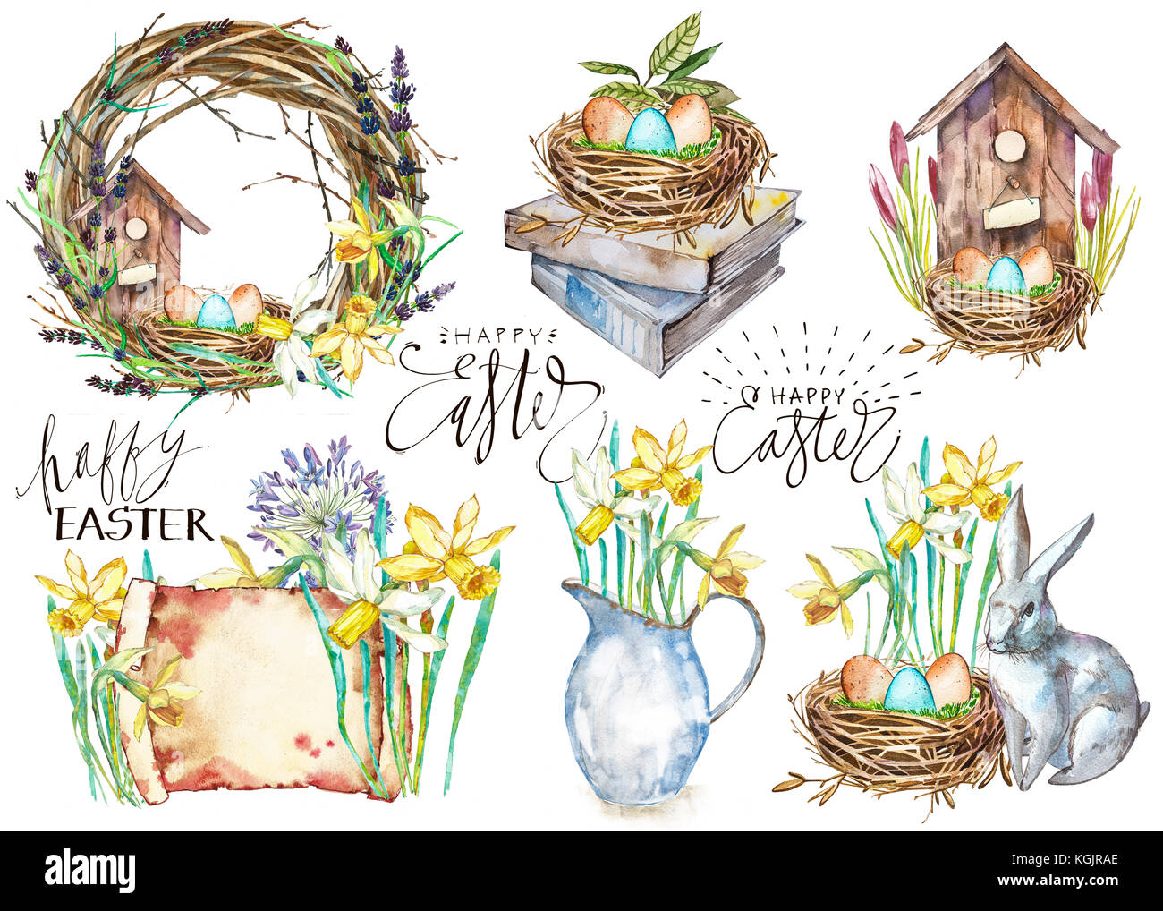 Disegnato a mano arte acquerello Bird Nest con uova , Pasqua design illustrazione isolato su sfondo bianco. Foto Stock