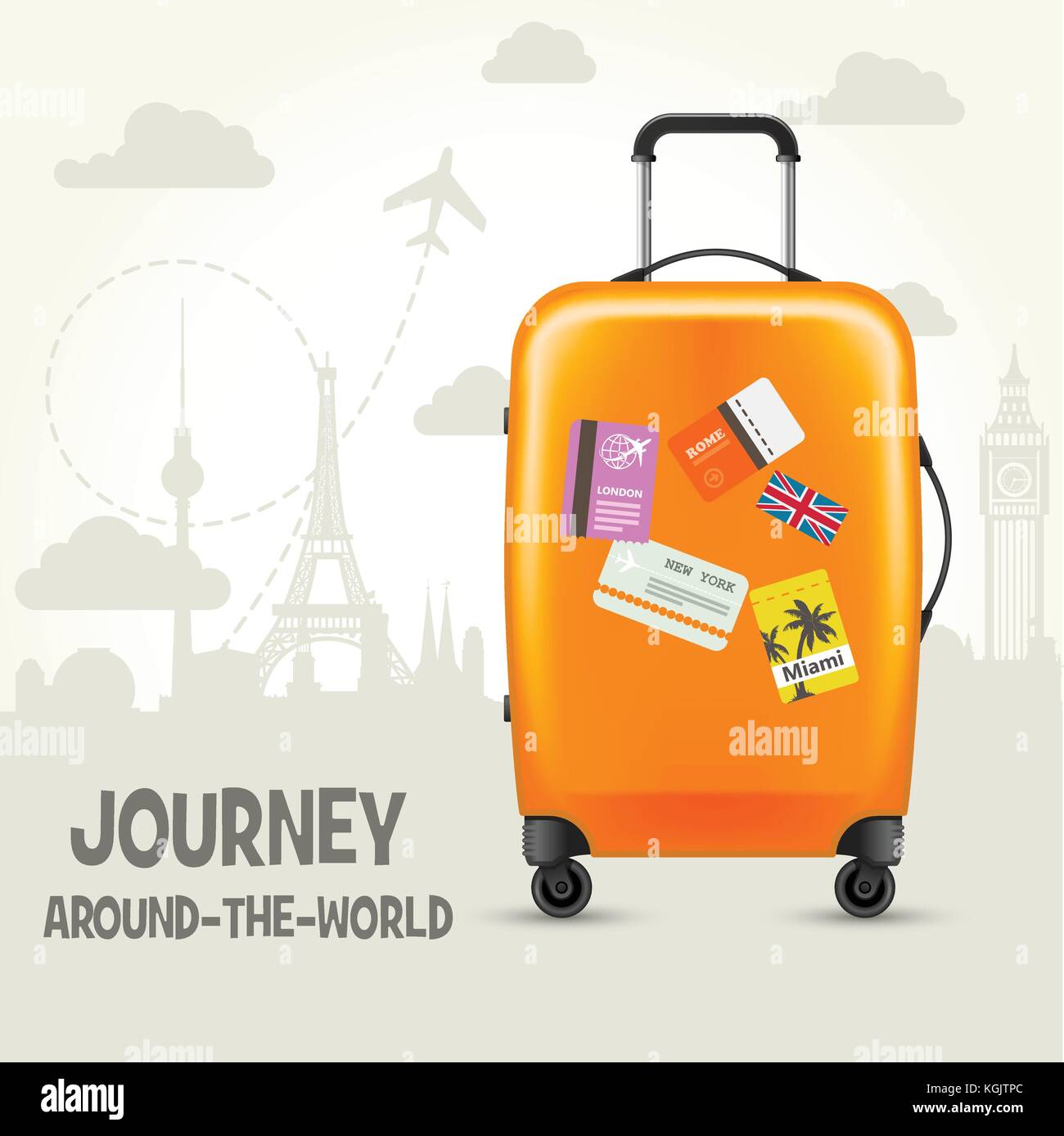 Valigia moderna con tag viaggio - sightsseeing in tutto il mondo Illustrazione Vettoriale