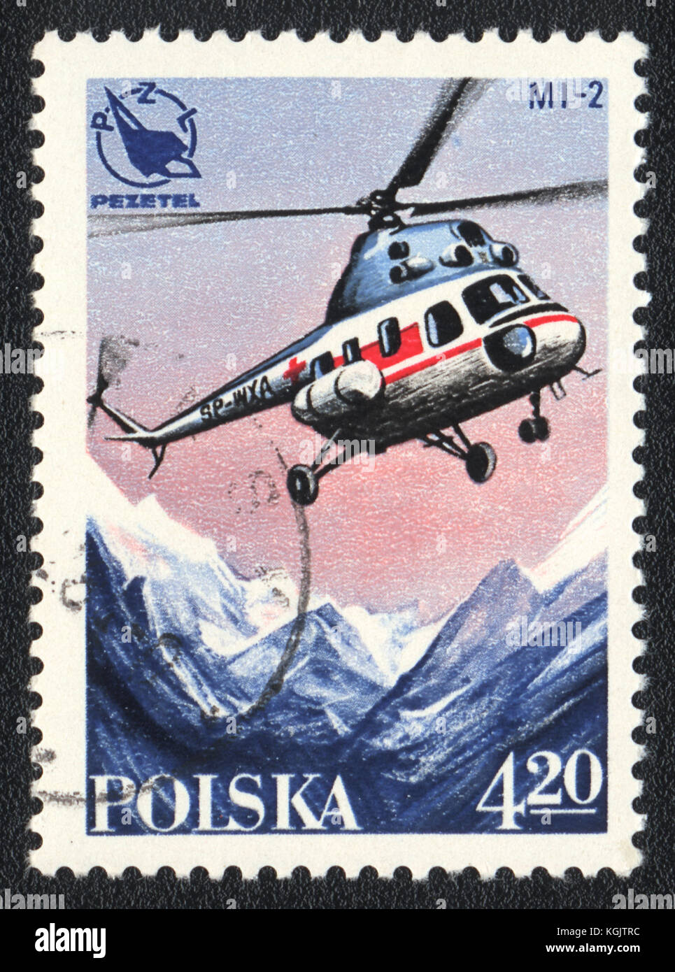Un francobollo stampato in Polonia mostra la PZL State Aviation Works, intorno al 1975 Foto Stock