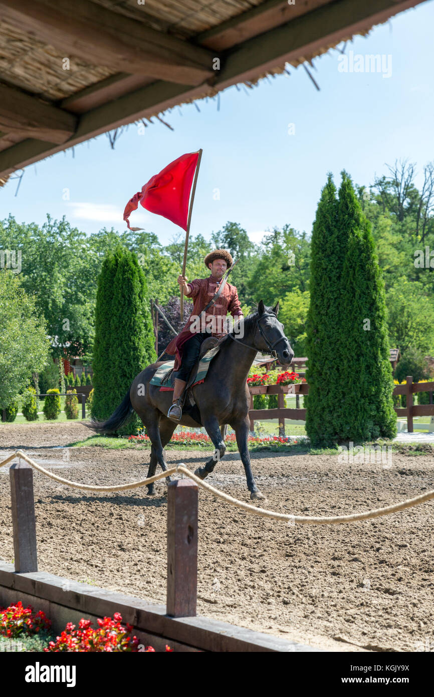 Performer bandiera portante mentre a cavallo durante la mostra nazionale del cavallo prestazioni in Budapest Ungheria. Foto Stock