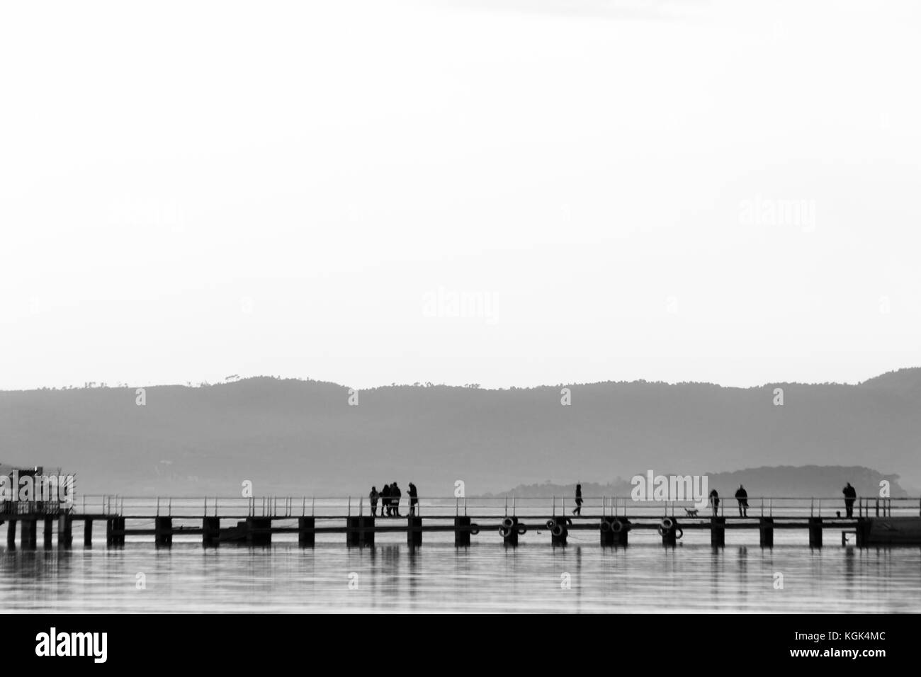 Un molo su un lago con diverse persone che su di esso svolgono diverse attività sociali Foto Stock