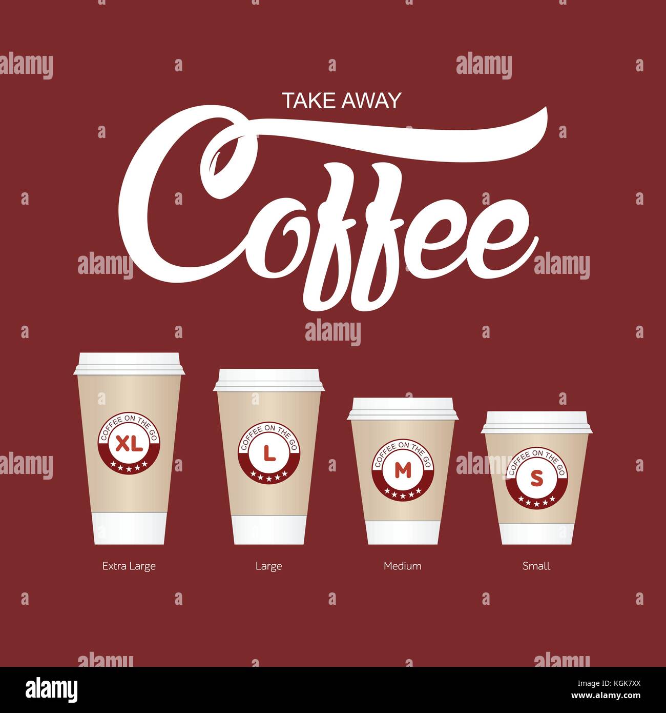 Caffè sul andare tazze. dimensioni differenti di portar via la carta tazze da caffè illustrazione vettoriale. Illustrazione Vettoriale