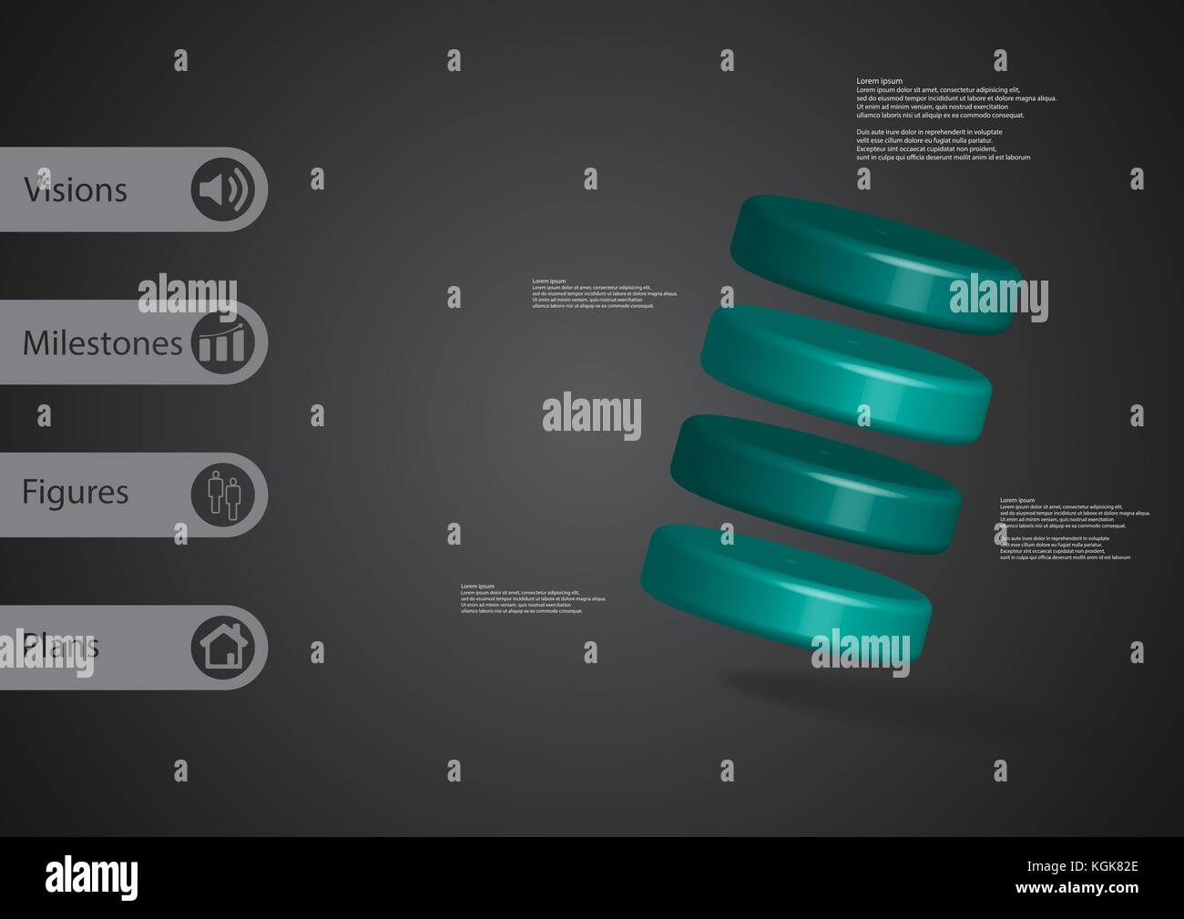 3d illustrazione modello infografico con motivo di quattro cilindri blu askew disposti con un semplice segno e un testo di esempio sul lato a barre. grigio scuro grad Illustrazione Vettoriale