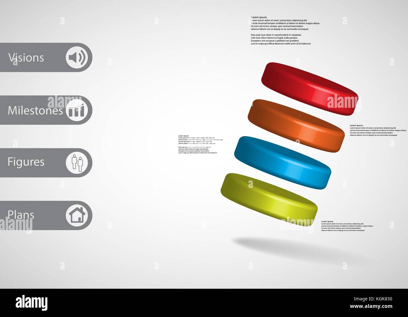 3d illustrazione modello infografico con motivo di quattro cilindri colore askew disposti con un semplice segno e un testo di esempio sul lato a barre. grigio chiaro gr Illustrazione Vettoriale