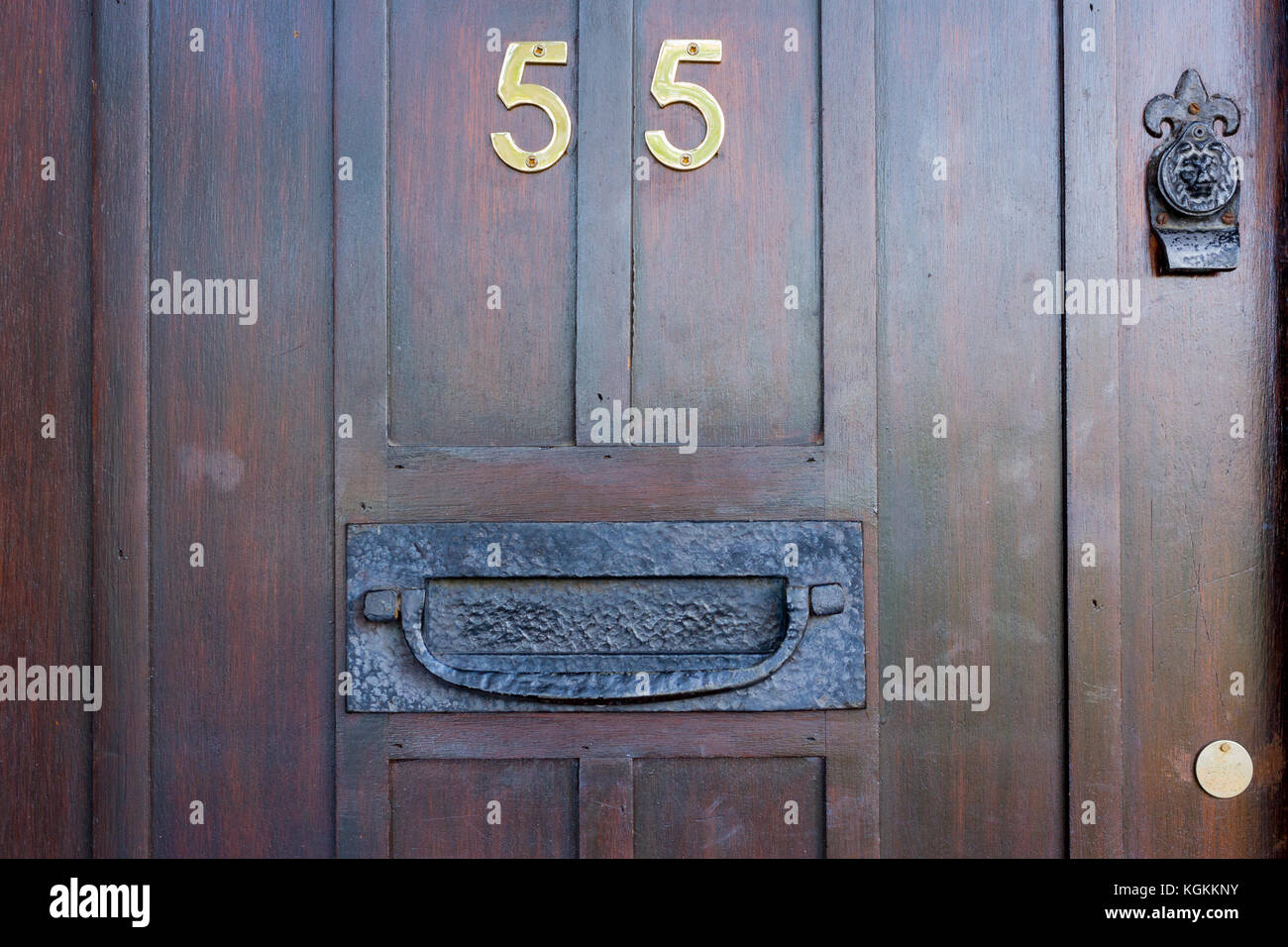 Close up di un di legno porta anteriore, numero 55 Foto Stock