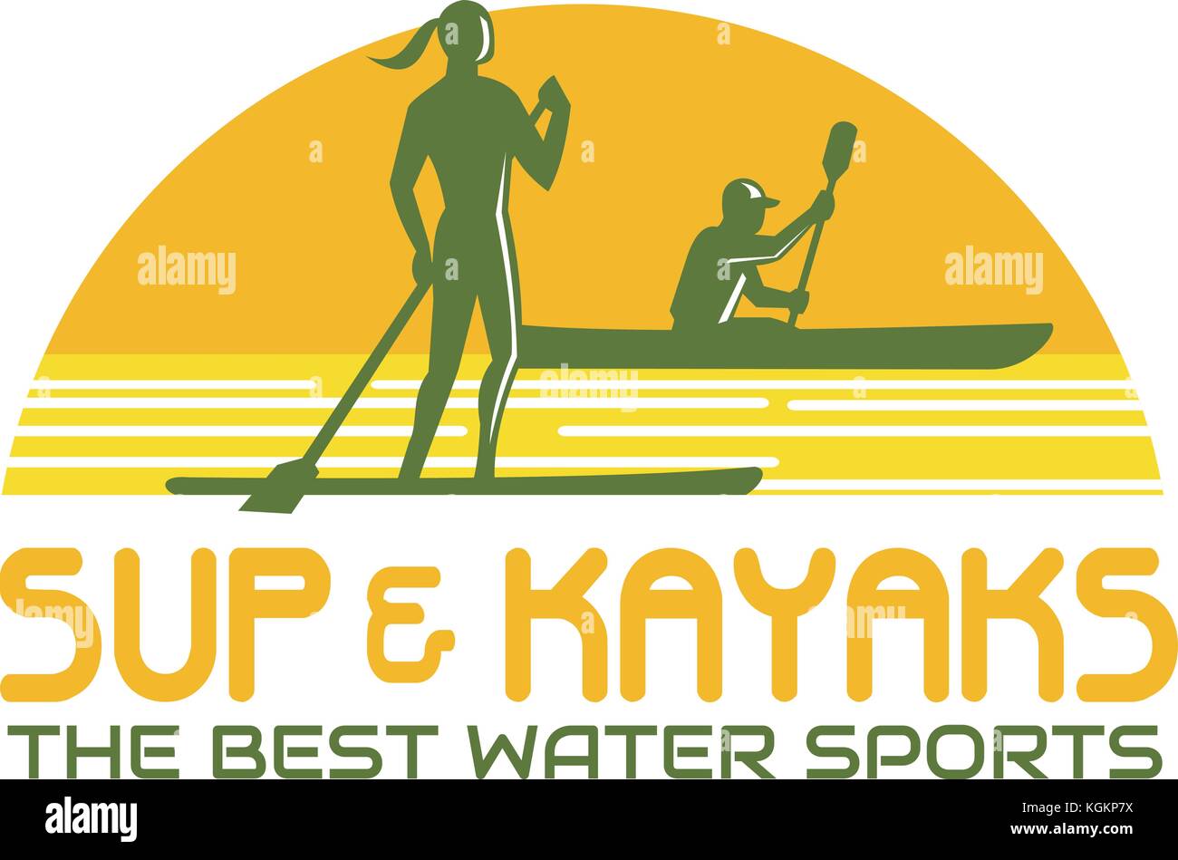 In stile retrò illustrazione della persona in stand up paddle o sup come pure la remata in canoa kayak insieme all'interno della semi cerchio con parole sup e kayak acqua Illustrazione Vettoriale