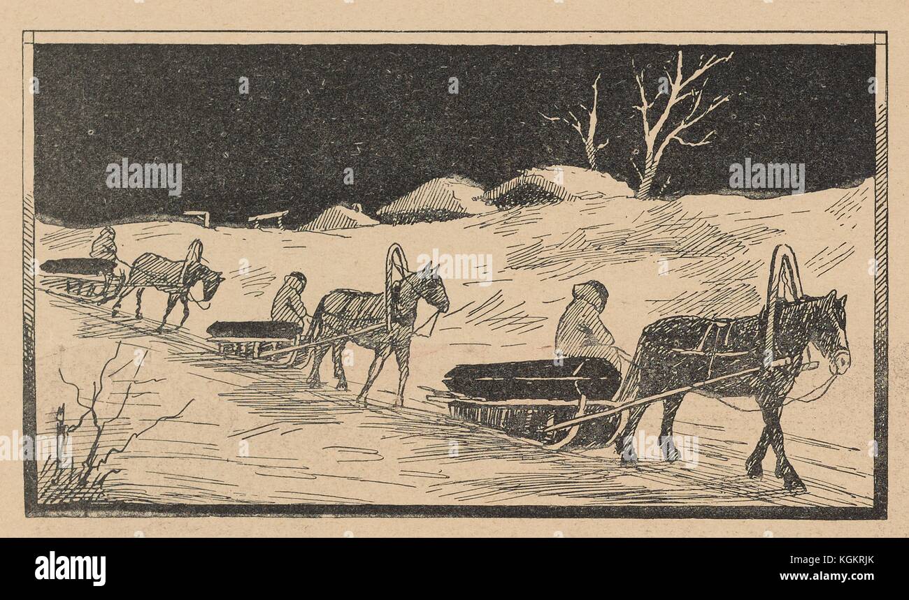 Illustrazione dal giornale satirico russo Ovod (Gadfly) di tre slitte trainate da cavalli di legno che trasportano una persona e un ceppo ciascuno tirato lungo la neve di notte con case sullo sfondo, 1906. Foto Stock