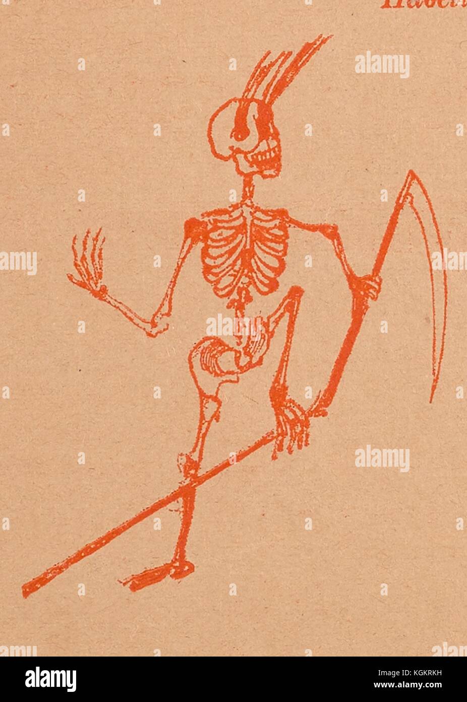 Illustrazione dalla rivista satirica russa Nagaechka (Little Whip) di uno scheletro con sangue che esce dagli occhi che si aggira e si rompe l'albero di una falce, 1905. Foto Stock