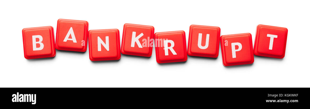 In bancarotta scritto con piastrelle di legno isolato su uno sfondo bianco. Foto Stock