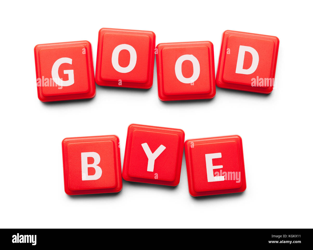 Good bye scritto con piastrelle di legno isolato su uno sfondo bianco. Foto Stock