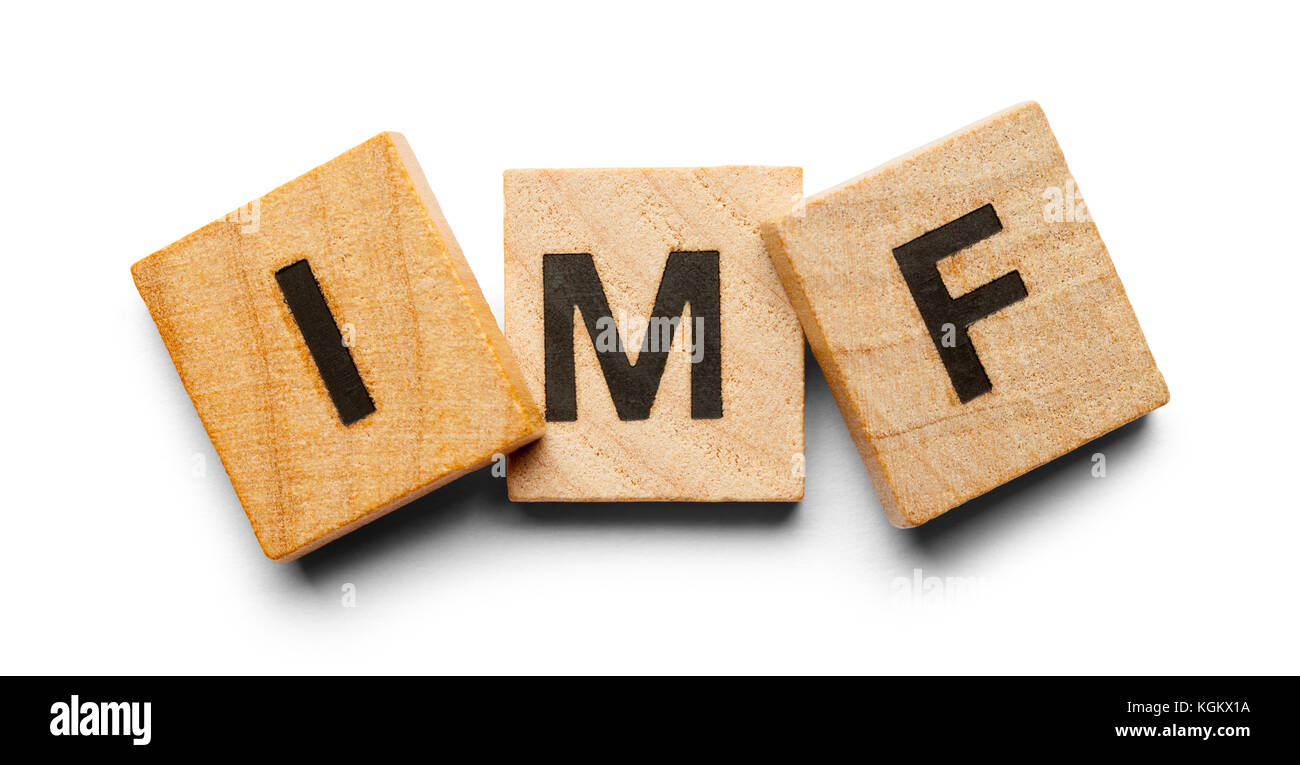 Fmi scritto con piastrelle di legno isolato su uno sfondo bianco. Foto Stock