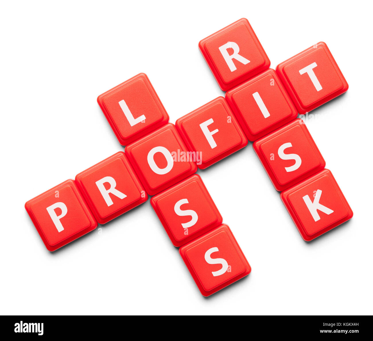 Perdita di profitto rischio scritto con piastrelle di legno isolato su uno sfondo bianco. Foto Stock