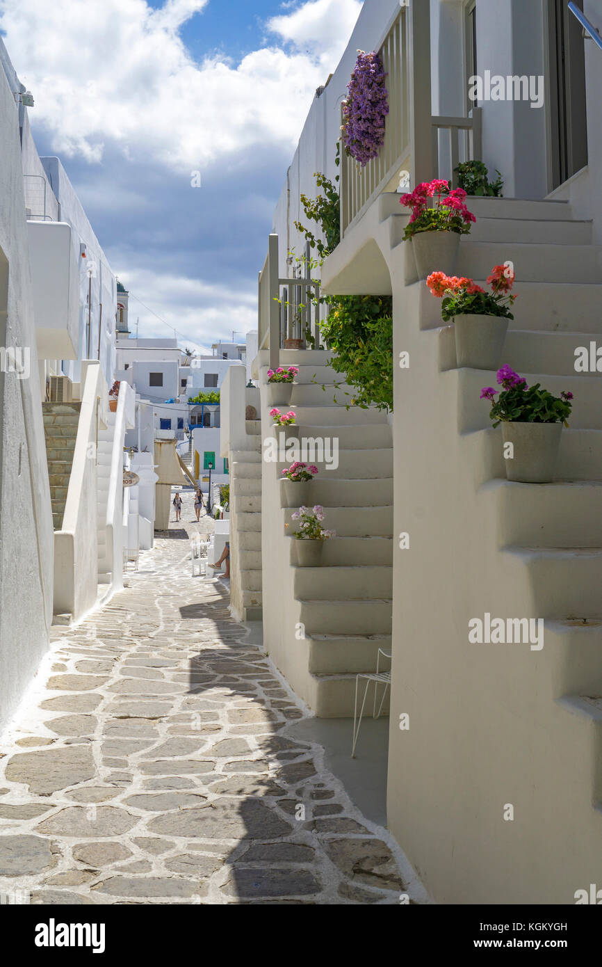 Fiore stretto vicolo decorato nella città vecchia di Naoussa, PAROS, CICLADI Grecia, Mare Mediterraneo, Europa Foto Stock