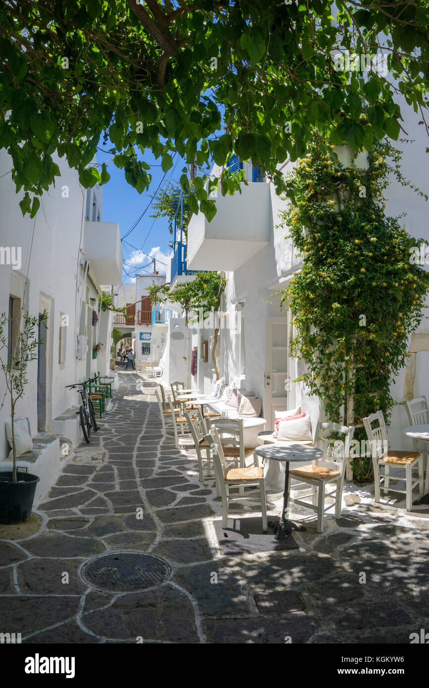 Vicolo stretto nella città vecchia di Naoussa, isola di Paros, Cicladi, Egeo, Grecia Foto Stock