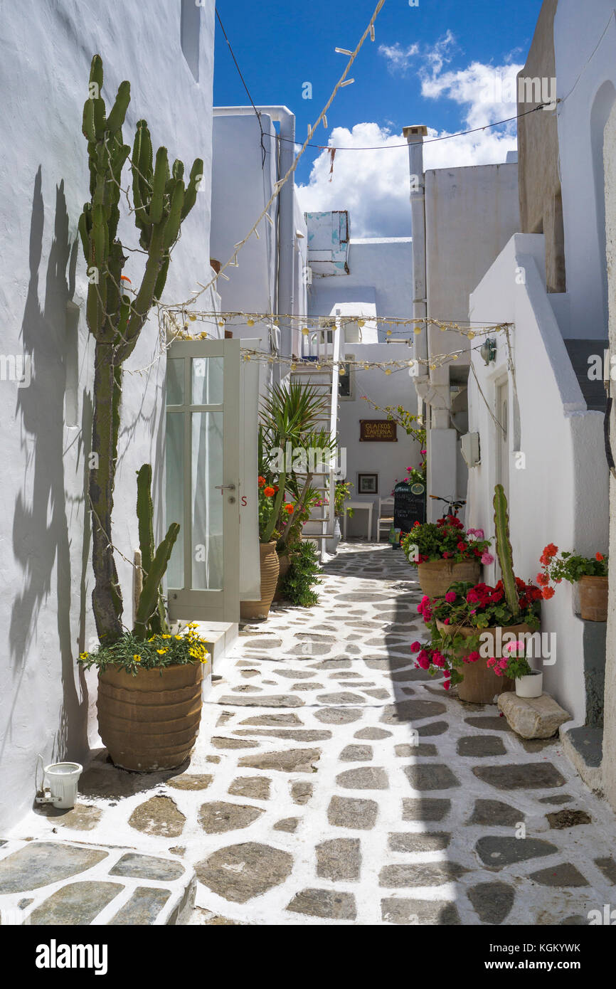 Vicolo stretto nella città vecchia di Naoussa, isola di Paros, Cicladi, Egeo, Grecia Foto Stock