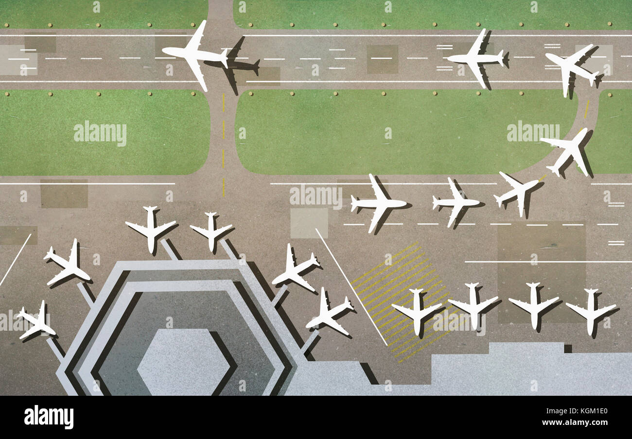 Illustrazione degli aerei sulla pista in aeroporto Foto Stock