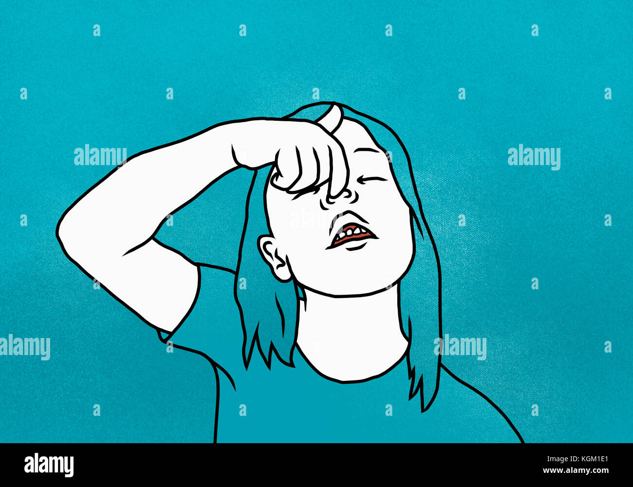 Illustrazione di una ragazza tirando il naso contro sfondo blu Foto Stock