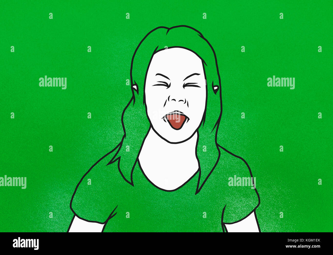 Illustrazione della donna spuntavano lingua contro lo sfondo di colore verde Foto Stock