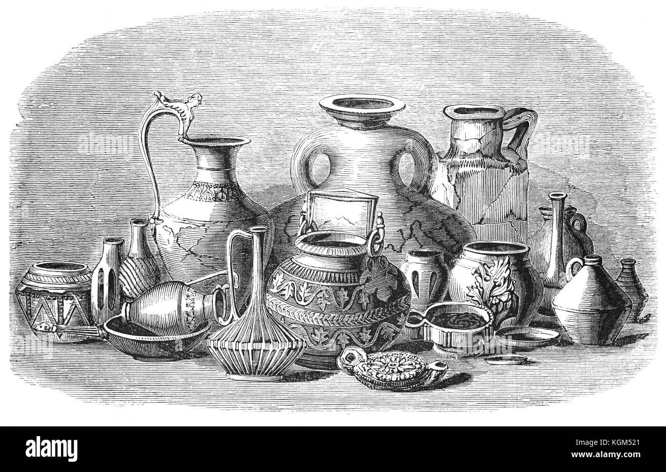 Una collezione di decorativi del 1 ° secolo ceramiche romane da scavi archeologici intrapresi in tutta l'Inghilterra. Foto Stock