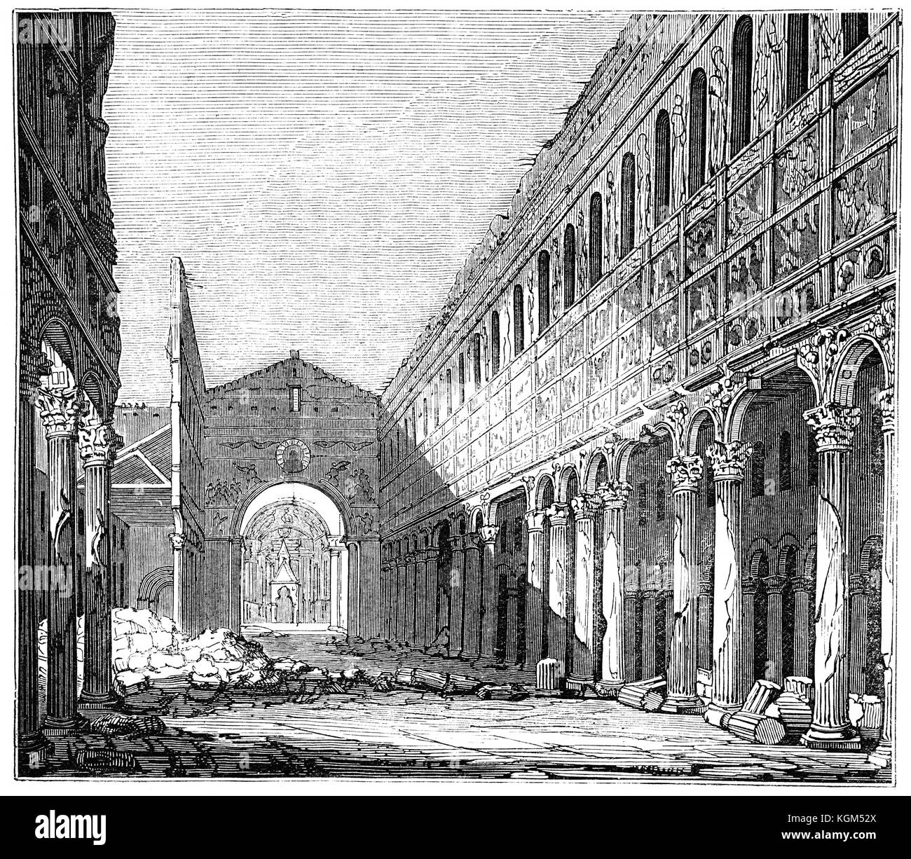 La bruciata Basilica di St Pauls dopo un incendio del 15 luglio 1823, quando un operaio a riparare il filo del tetto ha iniziato un incendio che ha portato alla quasi totale distruzione di questa basilica, che sola tra tutte le chiese di Roma ha conservato il suo carattere primitivo per 1435 anni. Roma, Italia Foto Stock