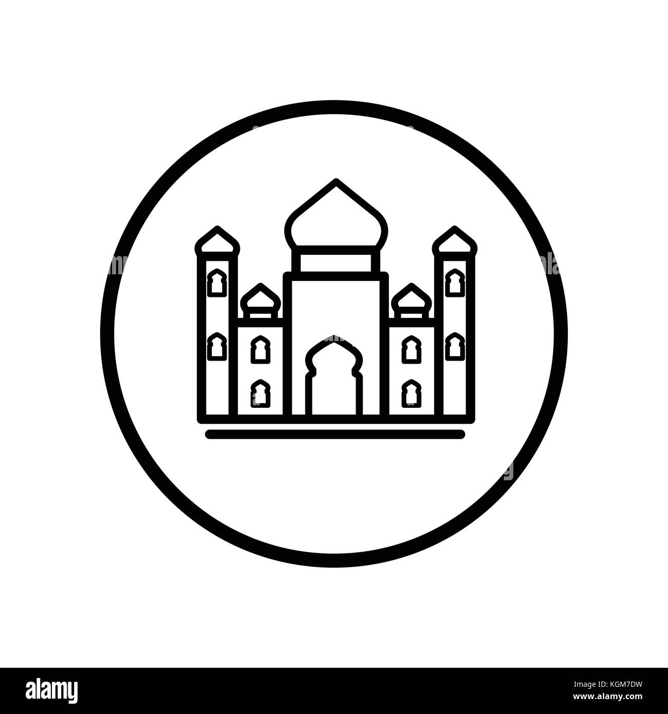 Icona islamica, la moschea icona nella linea Circle, simbolo iconico all'interno di un cerchio su sfondo bianco, per segno islamico concetto. vettore design iconico. Illustrazione Vettoriale