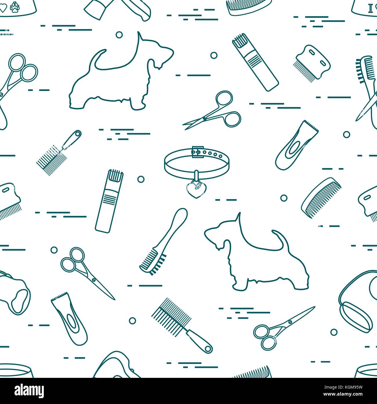 Modello con il cane, pettini, collare, guinzaglio, rasoio, asciugacapelli, ciotola, forbici. health care, toelettatura, prendersi cura di un cane, mostra. Illustrazione Vettoriale