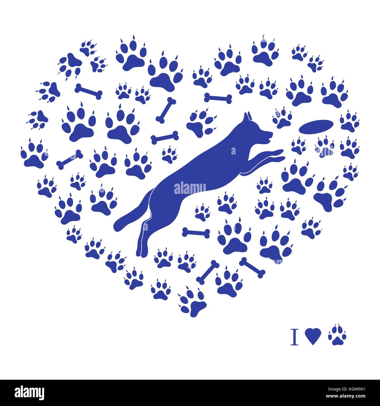 Bella immagine del cane di salto silhouette su uno sfondo di cane le vie e le ossa in forma di cuore su uno sfondo bianco. Illustrazione Vettoriale