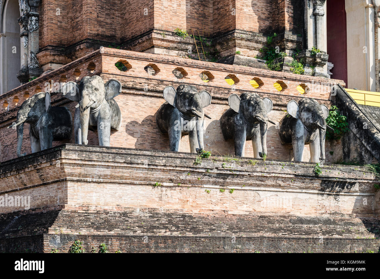 Dettagli di elefanti di pietra di un tempio thailandese Wat Chedi Luang in Chiang Mai Thailandia Foto Stock