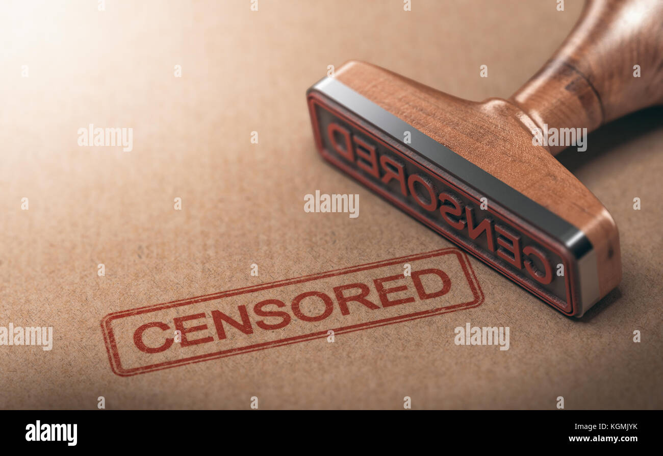 3D illustrazione del timbro di gomma su sfondo della carta con la parola censurato. Concetto di libertà di parola sensorship Foto Stock
