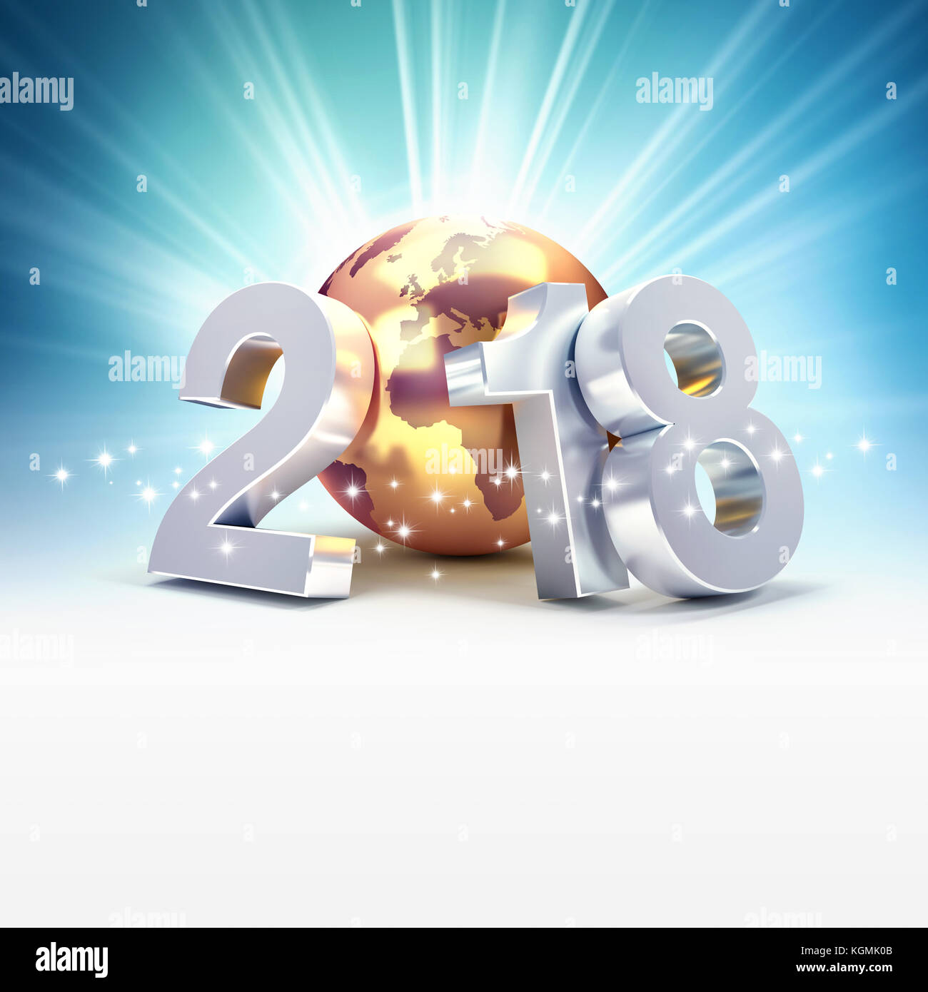 Nuova data dell'anno 2018 composta con un Golden Planet Earth, su un lucido sfondo blu - 3d illustrazione Foto Stock