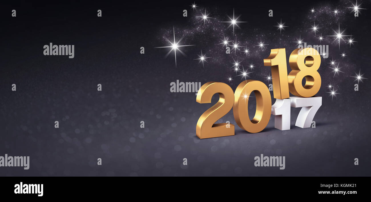 Nuova data dell'anno 2018 al di sopra di 2017, color oro, su una festosa sfondo nero - 3d illustrazione Foto Stock