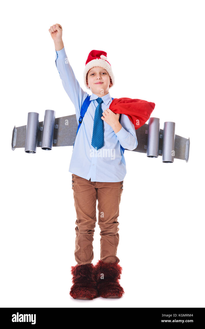 Giovani Babbo Natale con un jetpack sul suo retro contiene presenta per natale Foto Stock