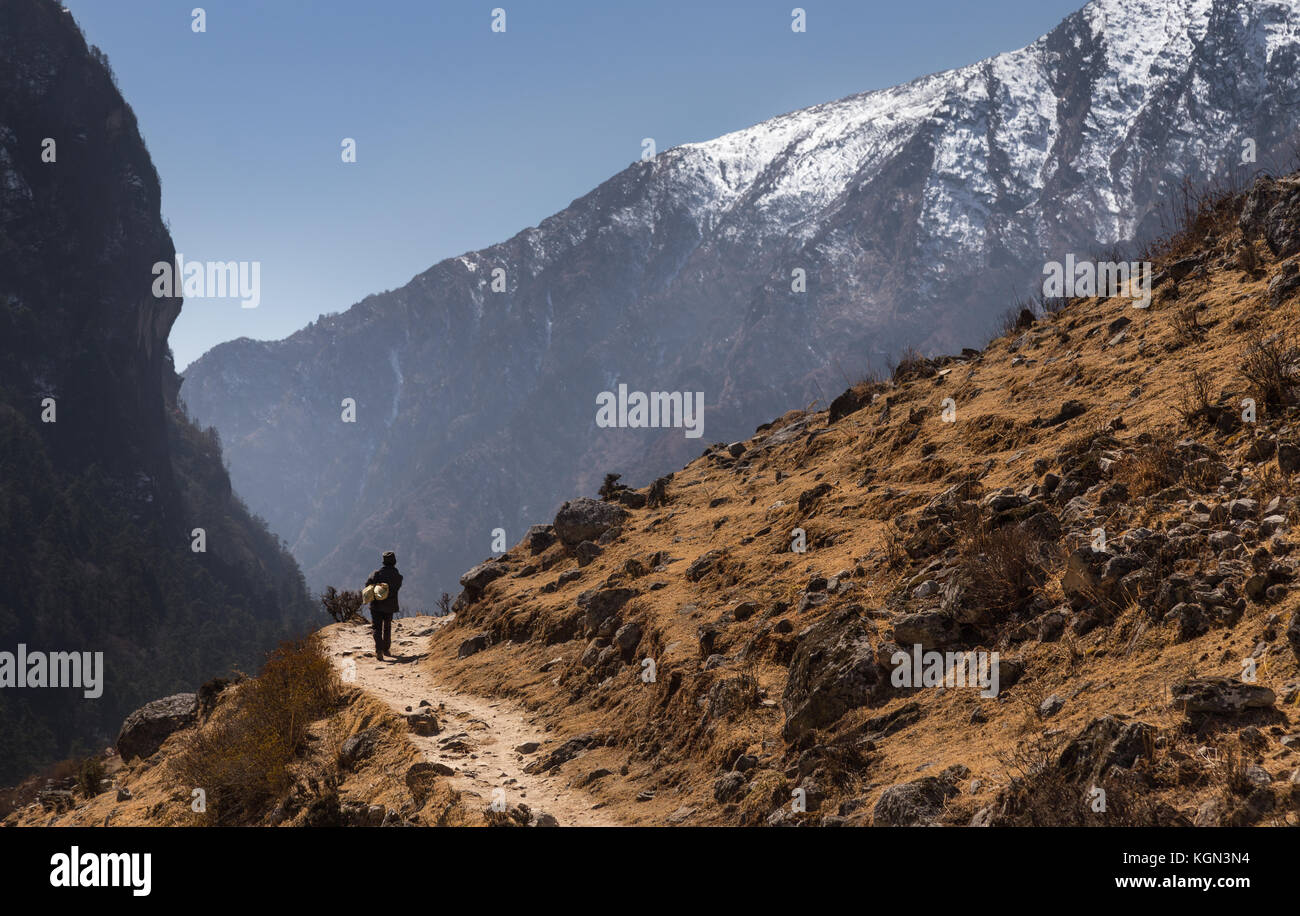 Una rubrica locale verso il basso dal ghumba villaggio nella valle di langtang, Nepal Foto Stock