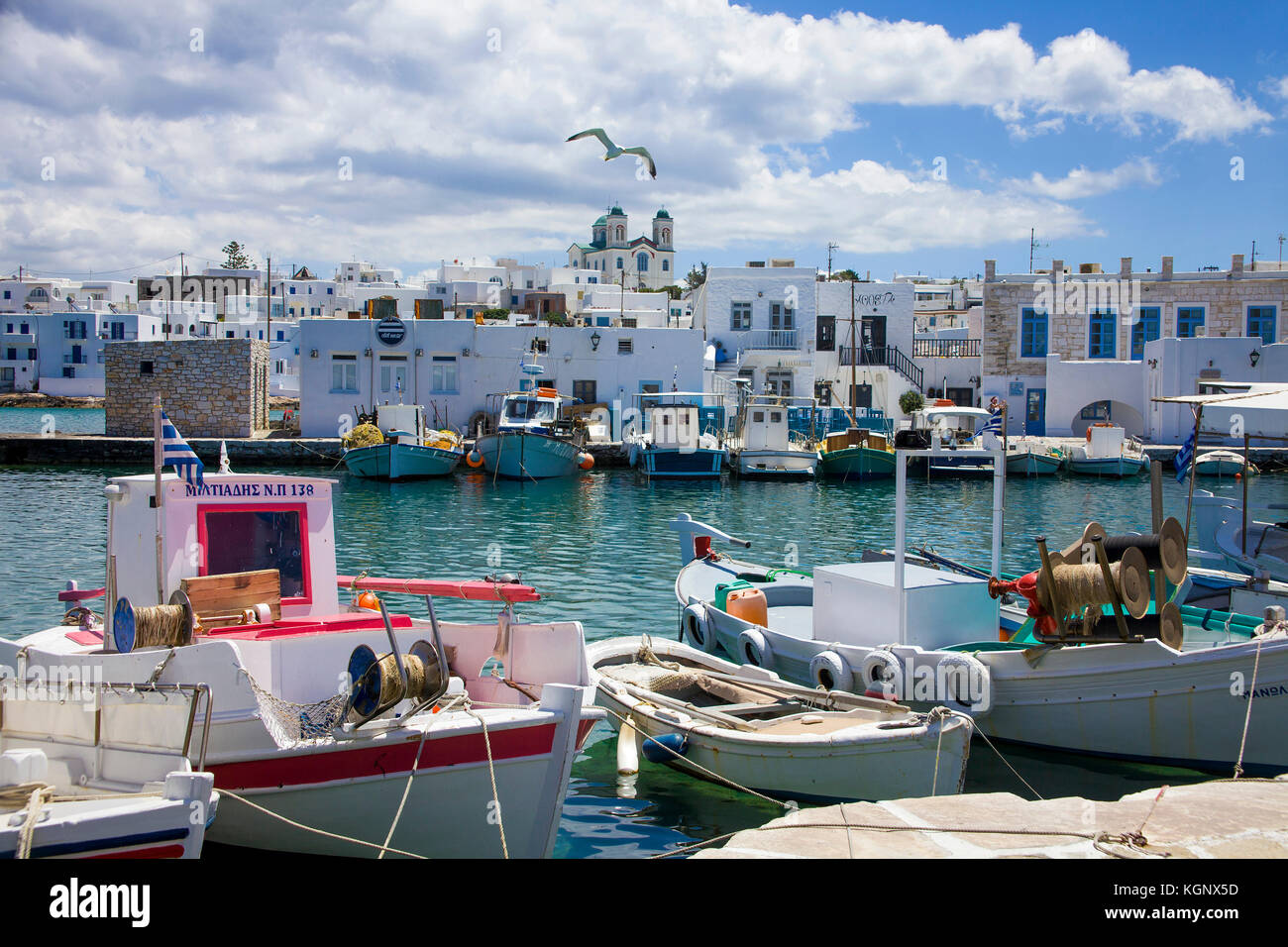 Barche da pesca al porto di Naoussa, isola di Paros, Cicladi, Egeo, Grecia Foto Stock